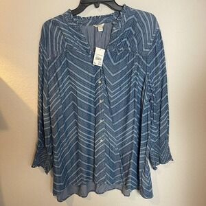 Cato Button Down Tunic Top Chevron Print‎ Long Sleeve Blouse 14/16W Boho Peasant